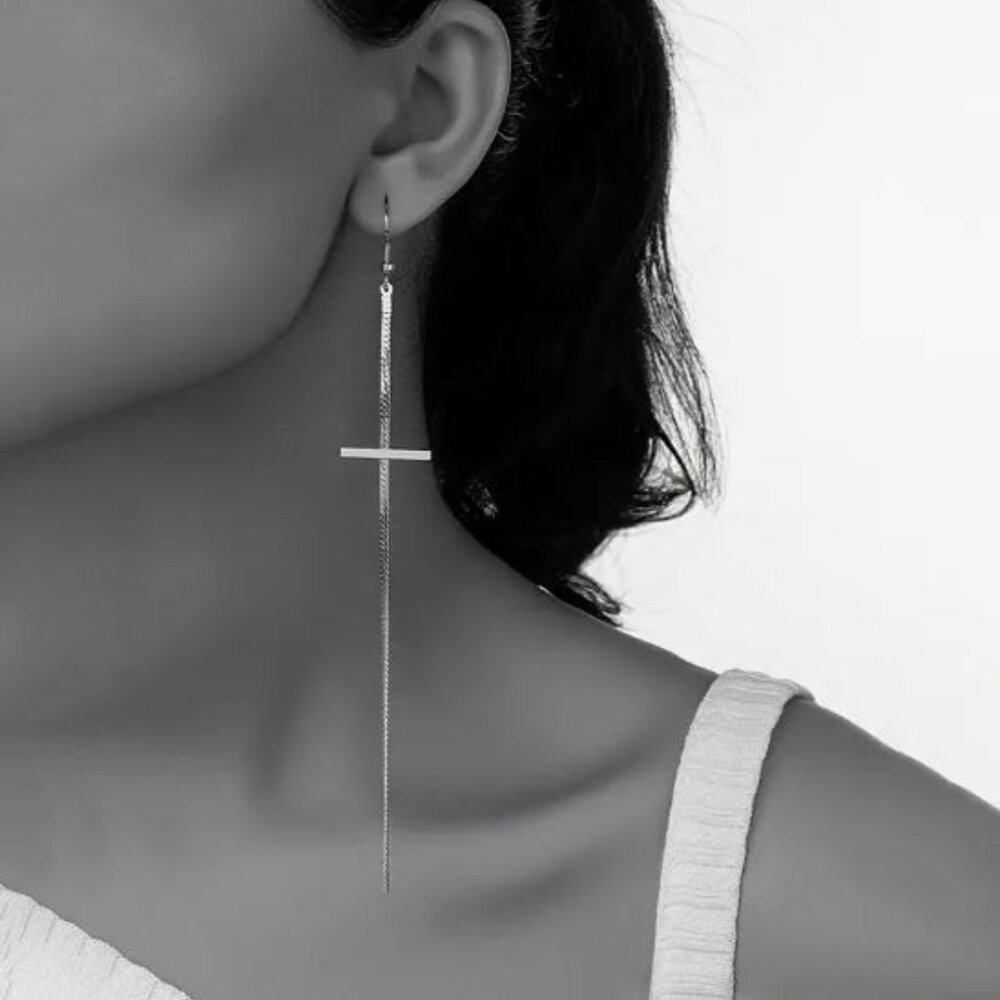 NEW Silver Plated Cross Chain Shoulder Duster Drop Earrings - Picture 1 of 3